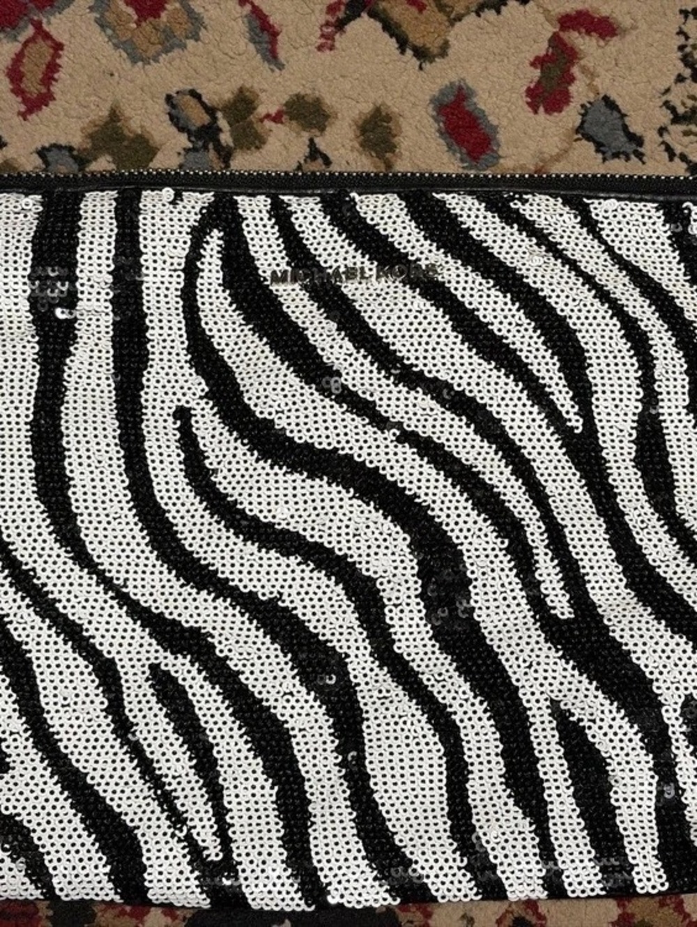 Michael Kors Large Zebra Sequined Zip Pouch Clutch Black & White